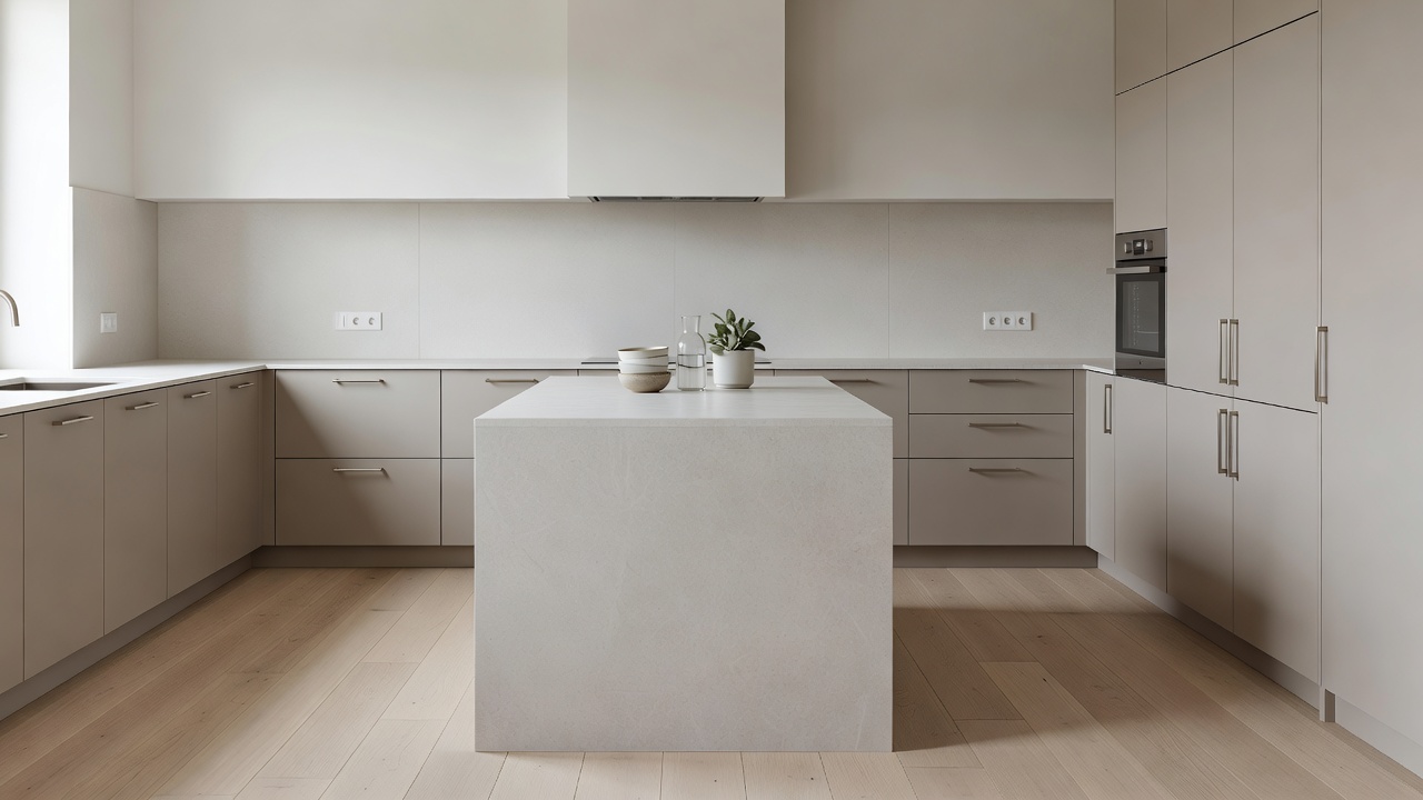 Contemporary kitchen with pale work surfaces and a restrained neutral material palette.