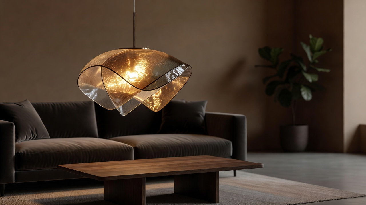 Decorative interior lighting with a distinctive shade and a warm glow.