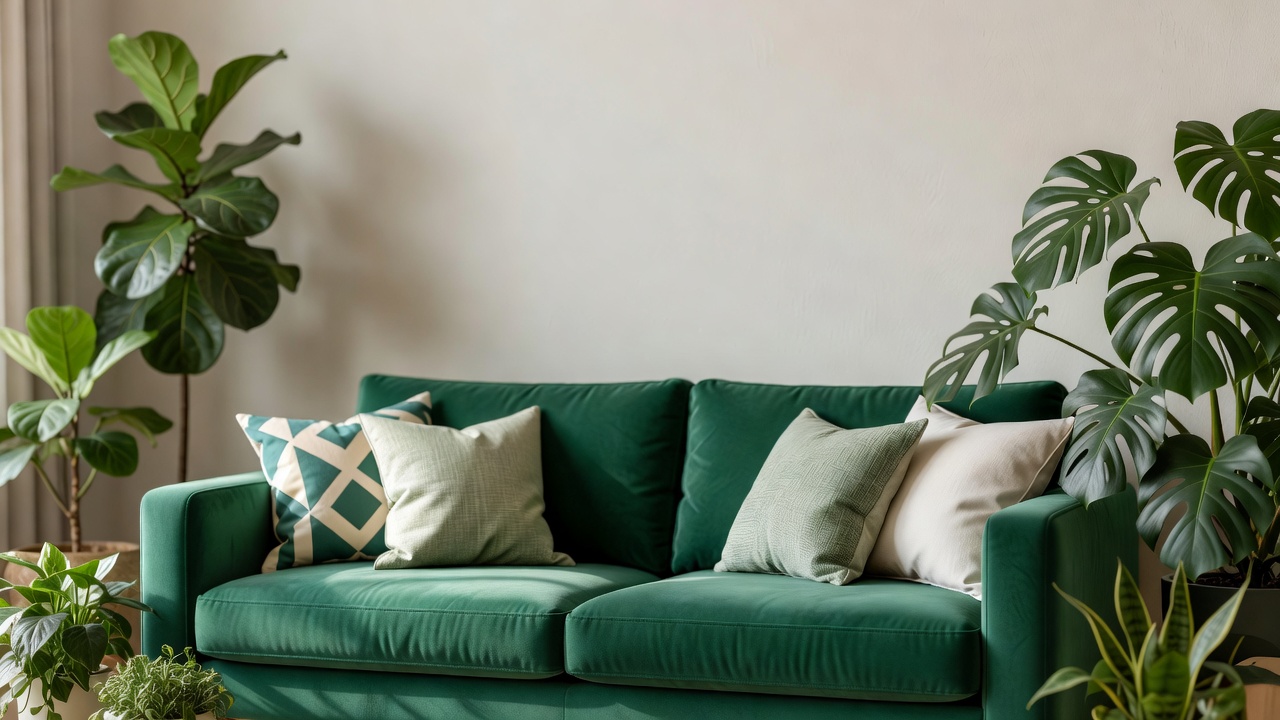 Green upholstered sofa with accent cushions, framed by plants and a pale wall.
