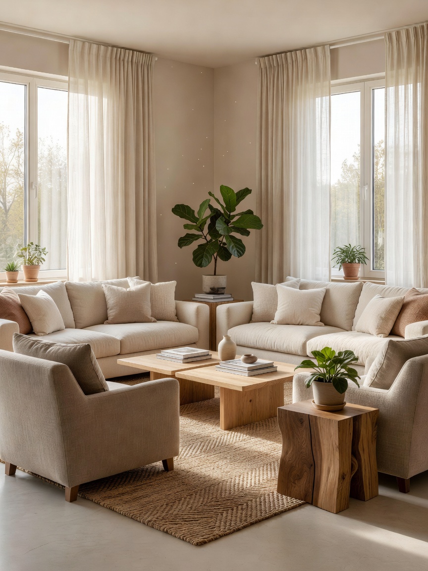 Light-filled living room with neutral upholstered seating, low tables and warm natural accents.