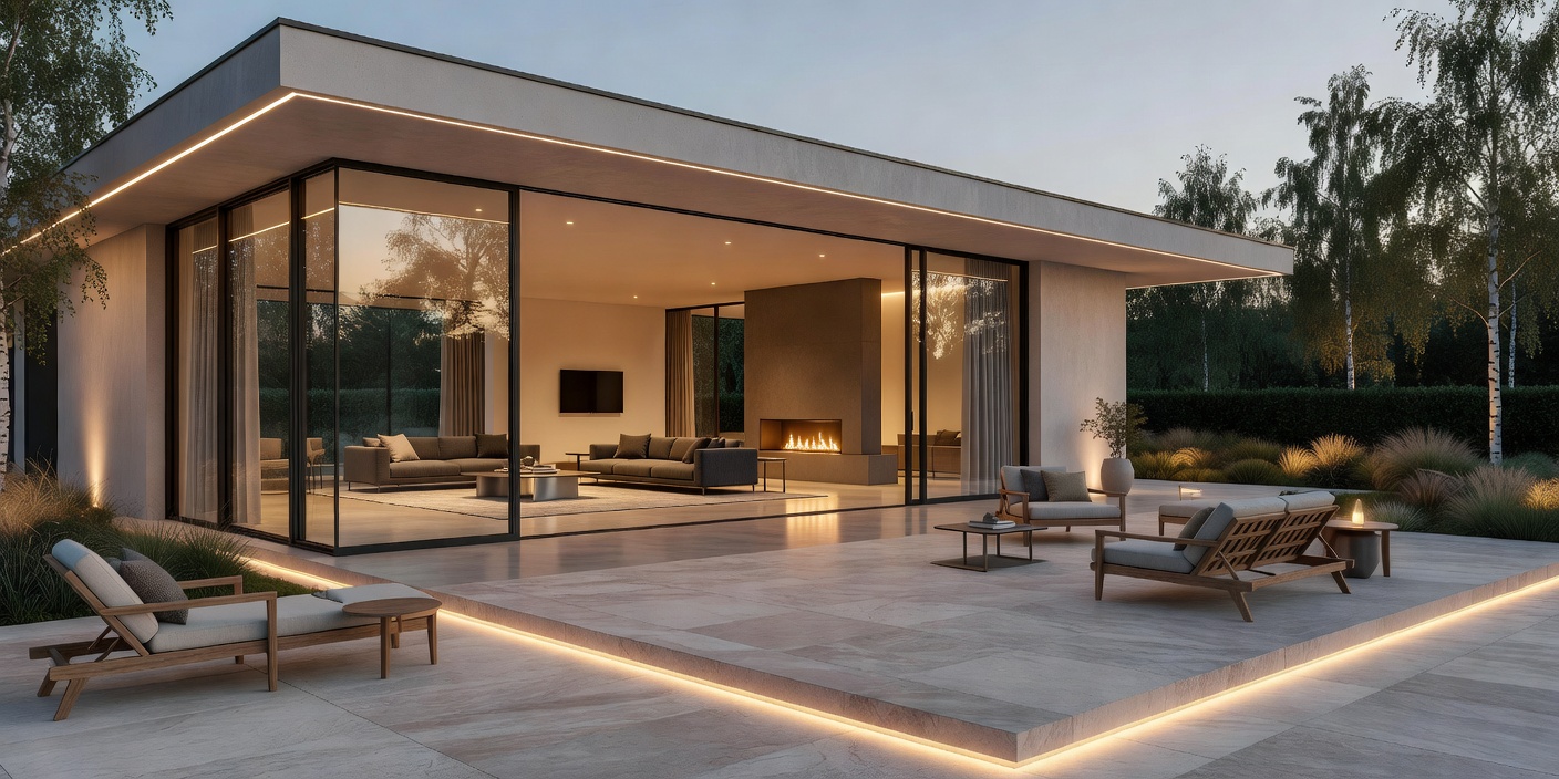 Modern home with broad glazed openings connecting illuminated living spaces to an outdoor terrace.