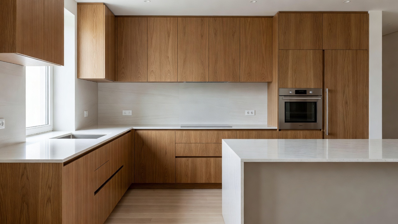 Modern kitchen combining warm wood tones with light surfaces and clean-lined cabinetry.